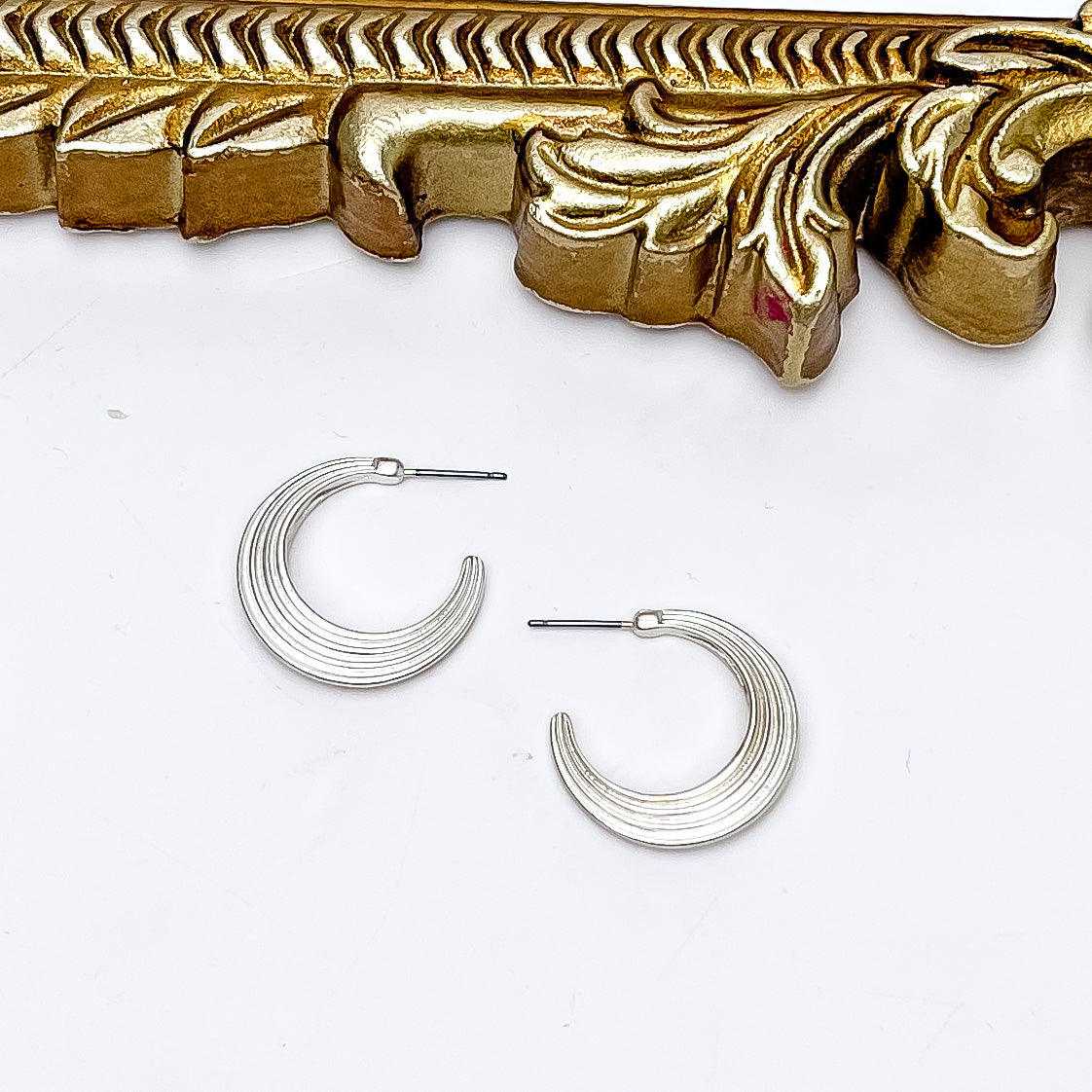 Livin' Life Silver Tone Small Hoop Earrings. Pictured on a white background with a gold frame above the earrings.