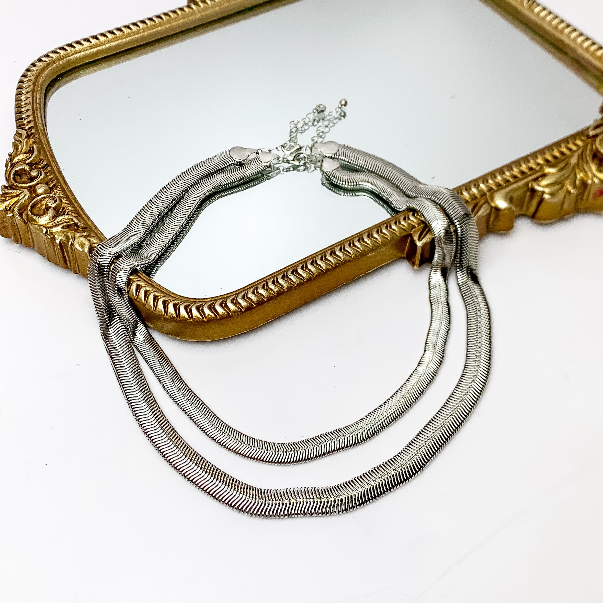 Daily Basis Silver Tone Double Chain Necklace. Pictured on a white background with part of the necklace on a mirror with a gold frame.