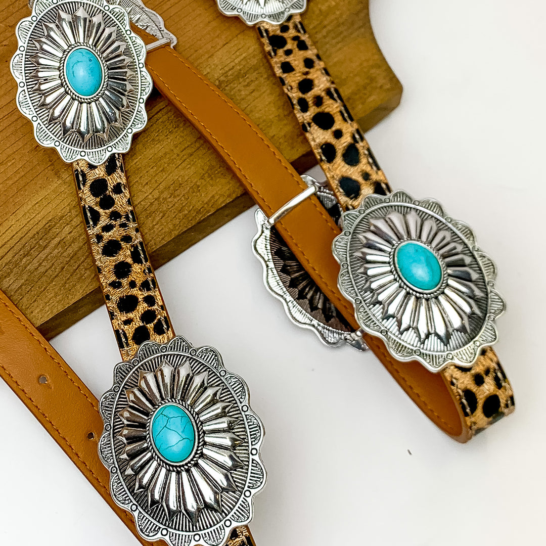 Cowgirl Casanova Concho Belt in Leopard Print With a Turquoise Stone - Giddy Up Glamour Boutique