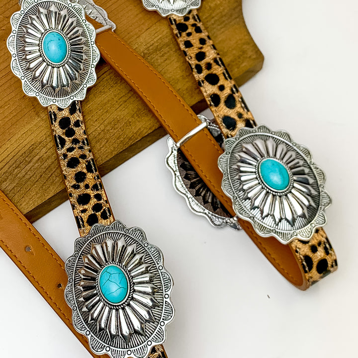 Cowgirl Casanova Concho Belt in Leopard Print With a Turquoise Stone - Giddy Up Glamour Boutique