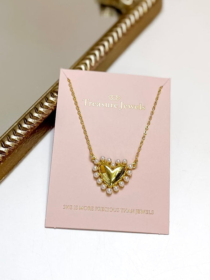 Treasure Jewels | Cute Love Pearl Trimmed Heart Pendant Chain Necklace in Gold