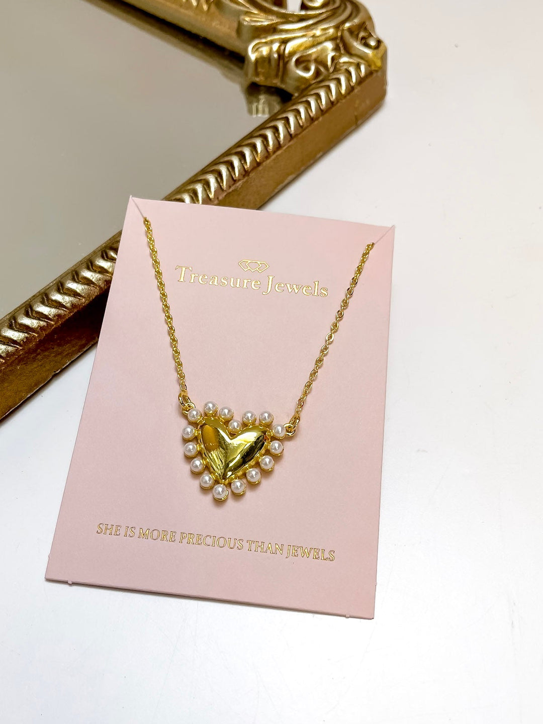 Treasure Jewels | Cute Love Pearl Trimmed Heart Pendant Chain Necklace in Gold