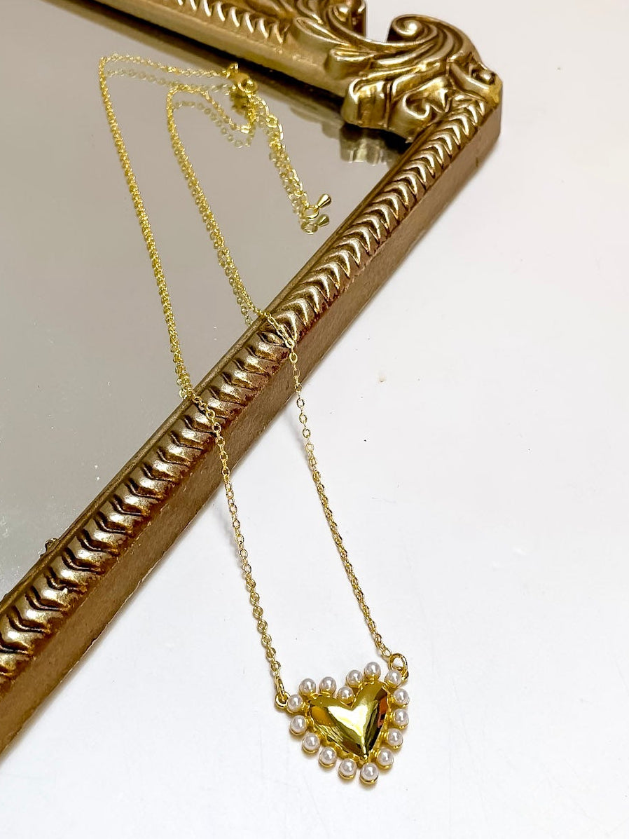 Treasure Jewels | Cute Love Pearl Trimmed Heart Pendant Chain Necklace in Gold