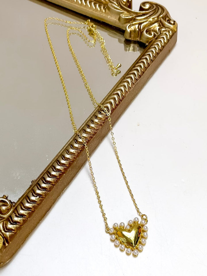Treasure Jewels | Cute Love Pearl Trimmed Heart Pendant Chain Necklace in Gold