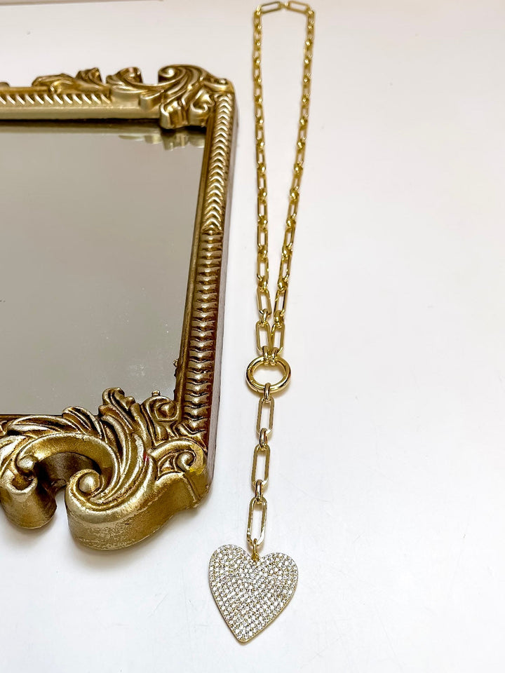 Treasure Jewels | With Love Pave Heart Drop Paperclip Chain Necklace in Gold
