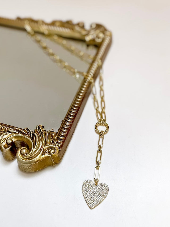 Treasure Jewels | With Love Pave Heart Drop Paperclip Chain Necklace in Gold