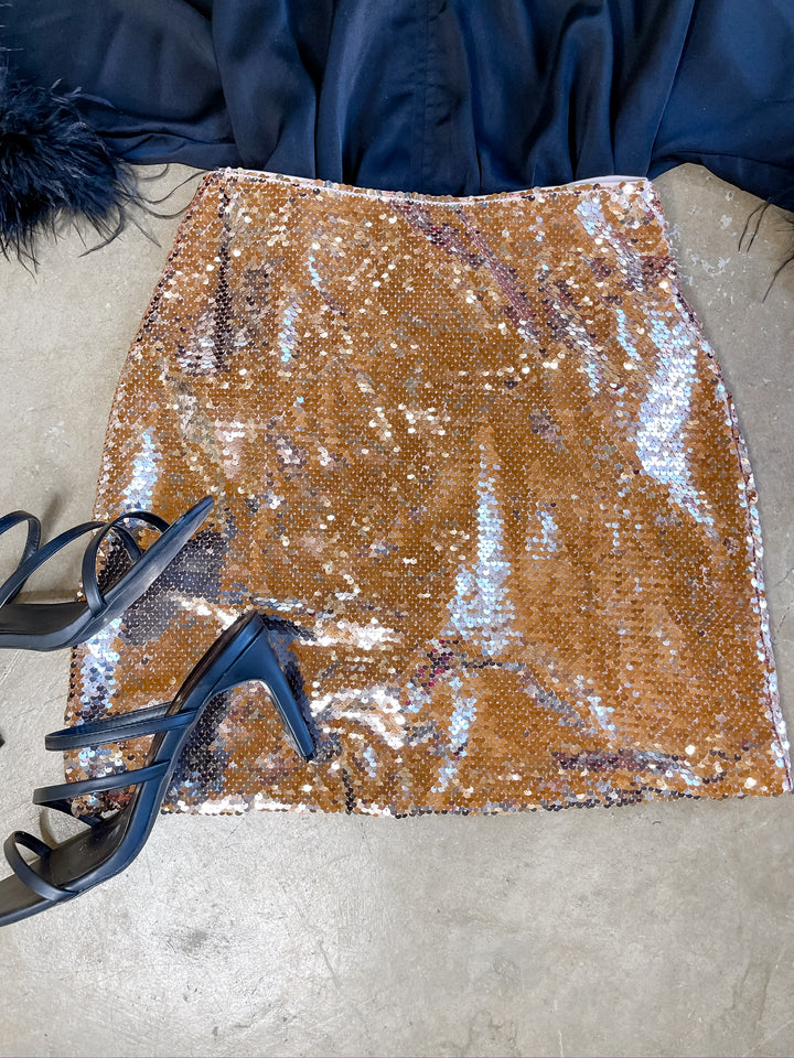 Glow Up Sequin Mini Skirt in Rose Gold