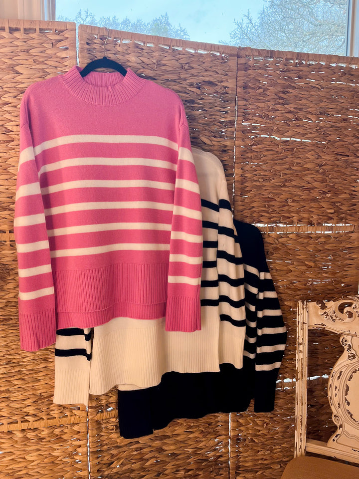 Chilly Day Charm Mock Neck Long Sleeve High-Low Striped Sweater in Pink with Ivory Stripes