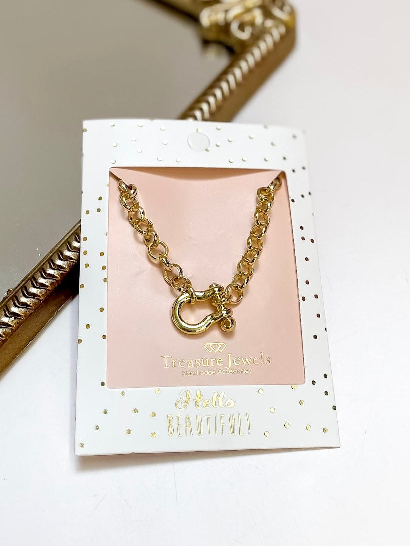 Treasure Jewels | Golden Link Clasp Necklace with Lock Charm in Gold