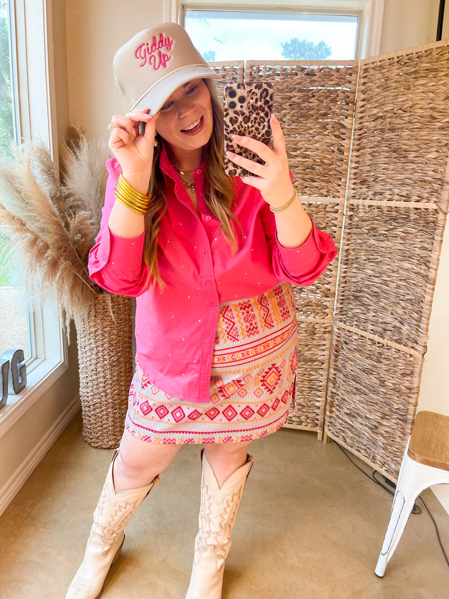 Shine On Collared Button Up Top with Rhinestones in Pink - Giddy Up Glamour Boutique