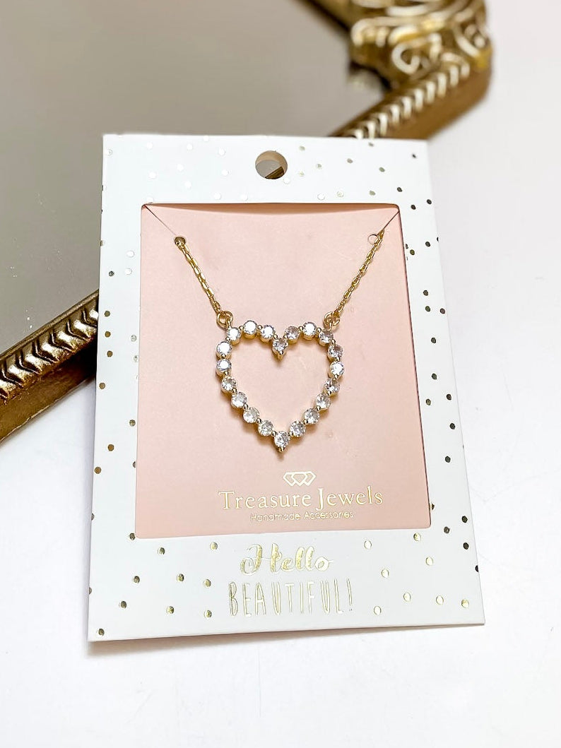 Treasure Jewels | Outlined in Love Sparkle Crystal Open Heart Necklace in Gold