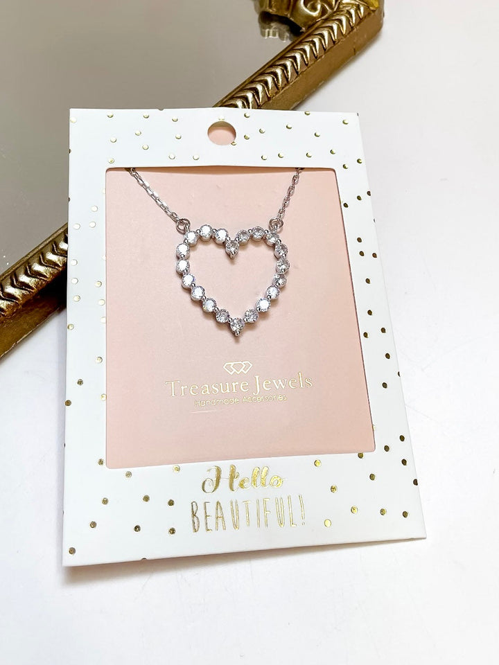 Treasure Jewels | Outlined in Love Sparkle Crystal Open Heart Necklace in Silver