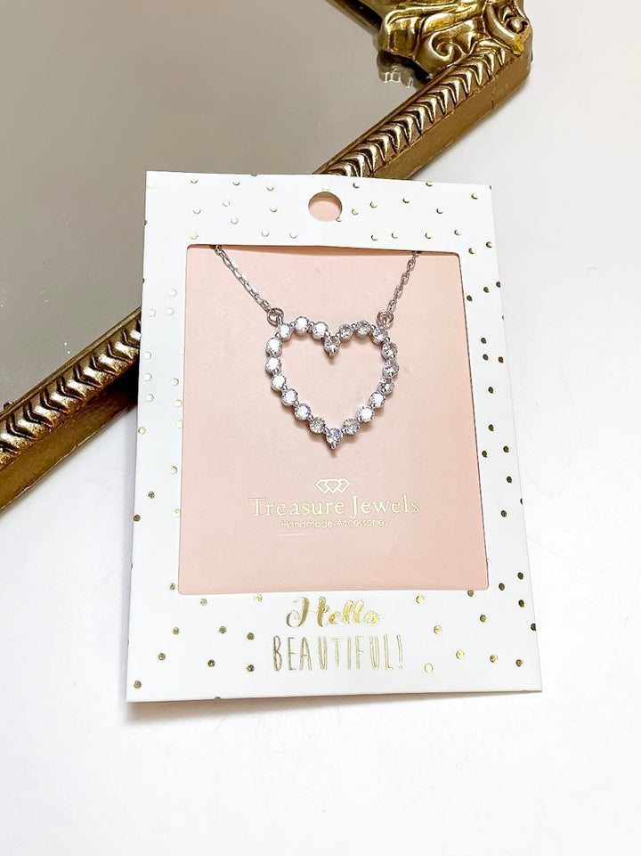 Treasure Jewels | Outlined in Love Sparkle Crystal Open Heart Necklace in Silver