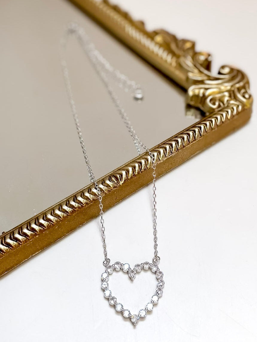 Treasure Jewels | Outlined in Love Sparkle Crystal Open Heart Necklace in Silver