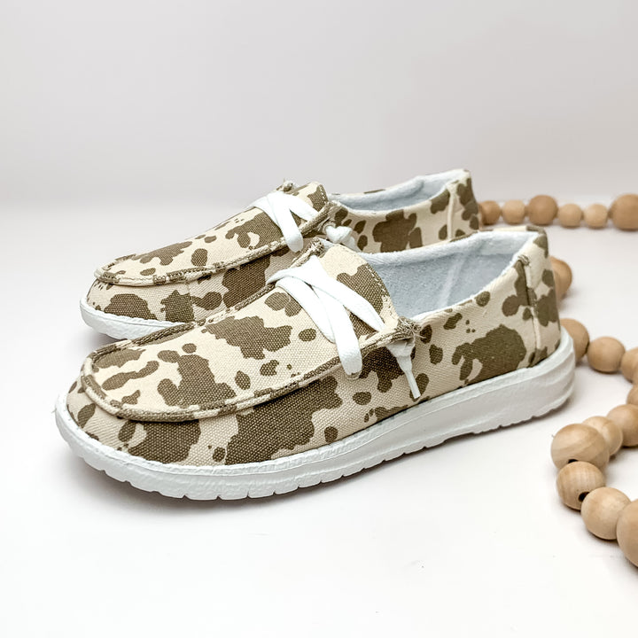 Very G | Have To Run Cow Print Slip On Loafers with Laces in Tan - Giddy Up Glamour Boutique