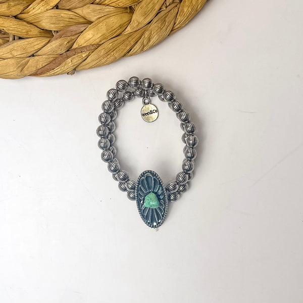 Beaded Bracelet With Oval Pendant and Green Turquoise Stone in Silver Tone