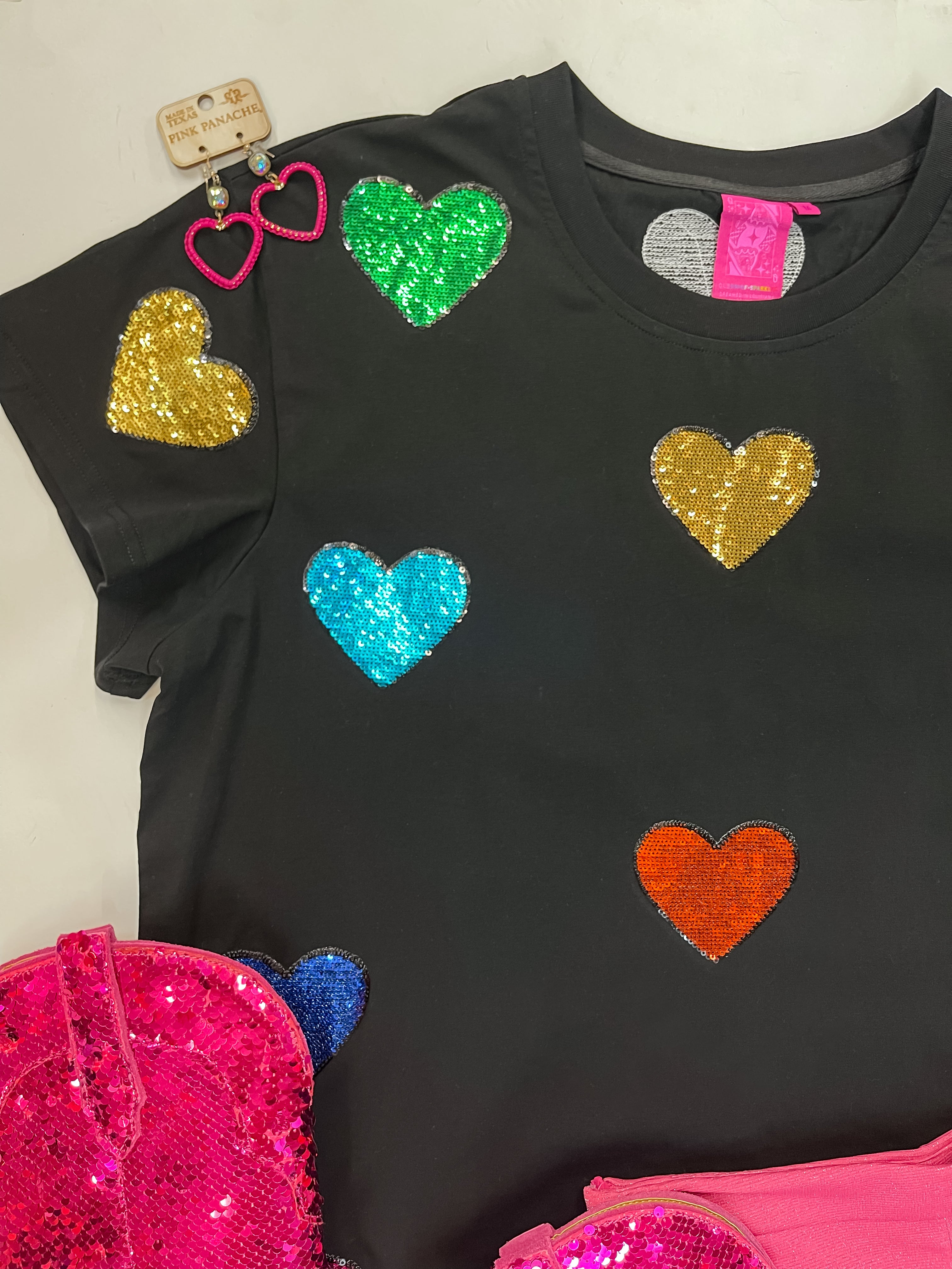 Queen Of Sparkles | Fluttering Hearts Multi-Colored Sequin Top in Black - Giddy Up Glamour Boutique