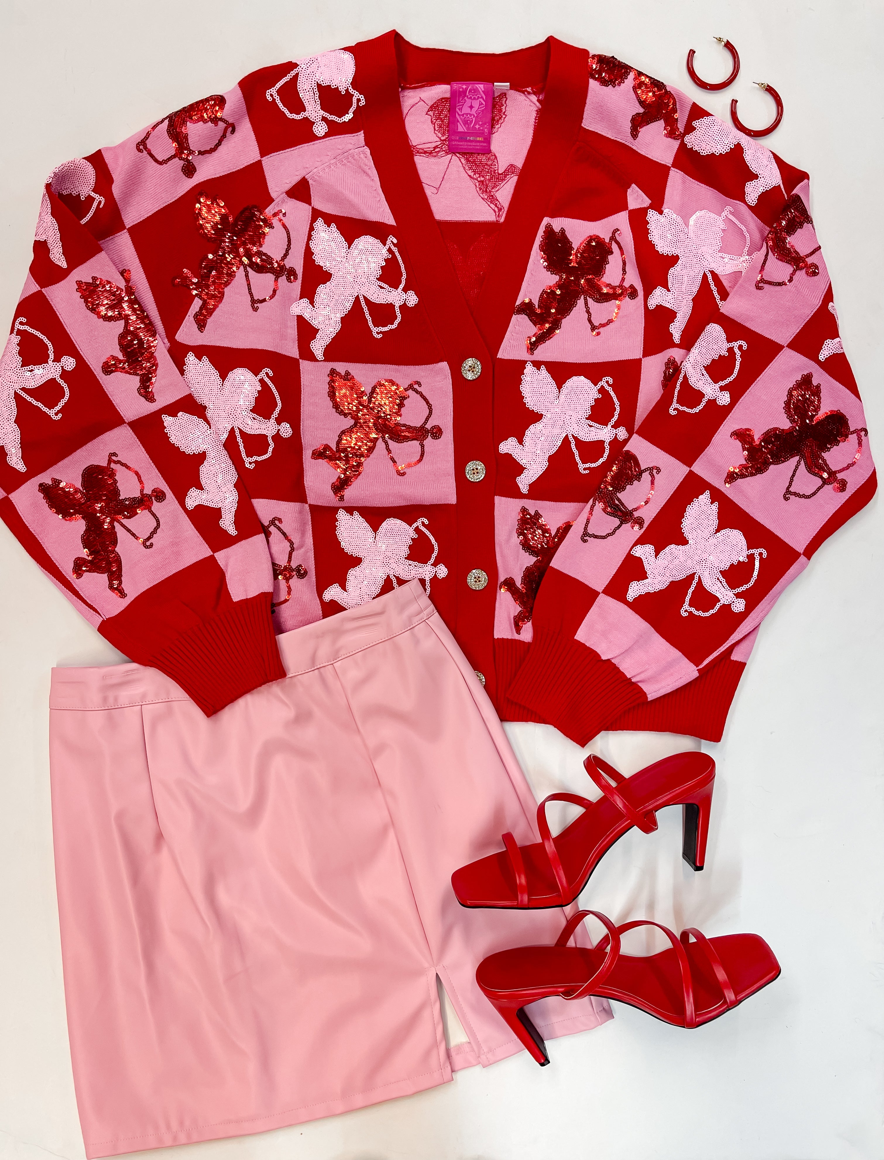Queen Of Sparkles | Love Struck Fully Sequin Checkered Cardigan in Red and Pink - Giddy Up Glamour Boutique