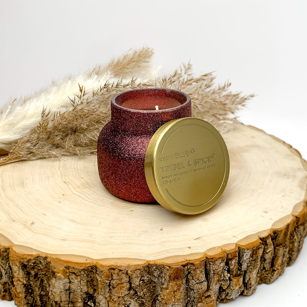 Capri Blue | 8 oz. Petite Jar Candle in Maroon Glitter | Tinsel & Spice - Giddy Up Glamour Boutique