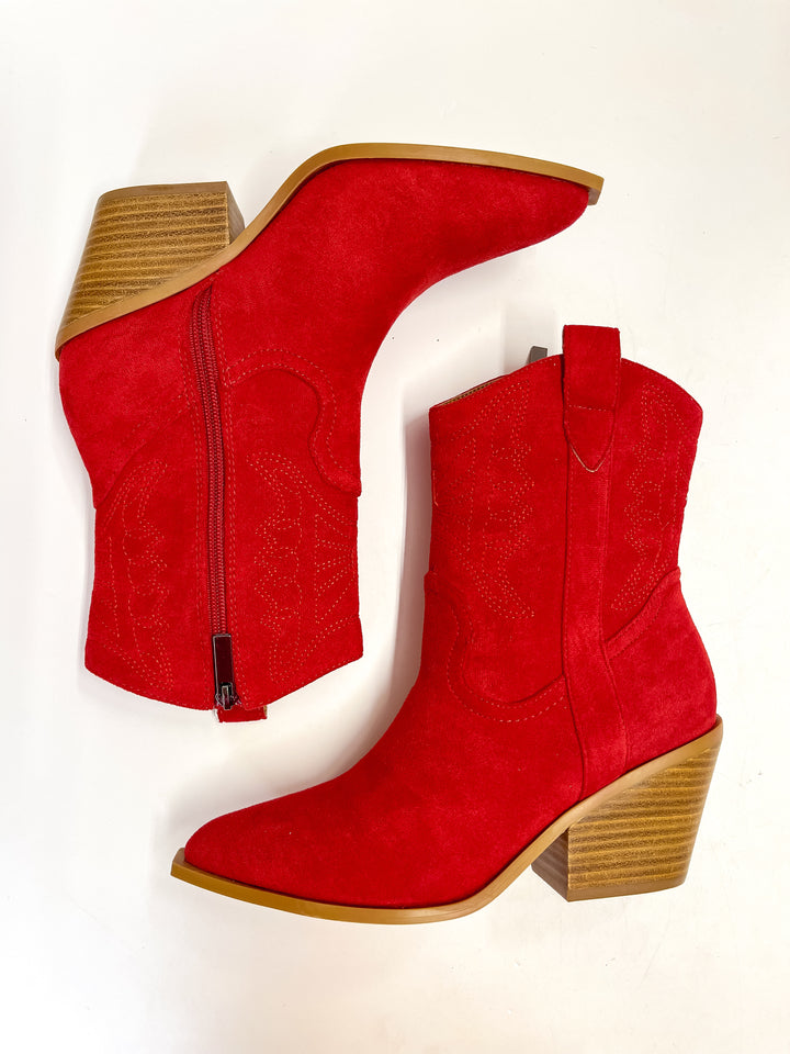 Corky's | Rowdy Western Stitch Boots in Red Suede - Giddy Up Glamour Boutique