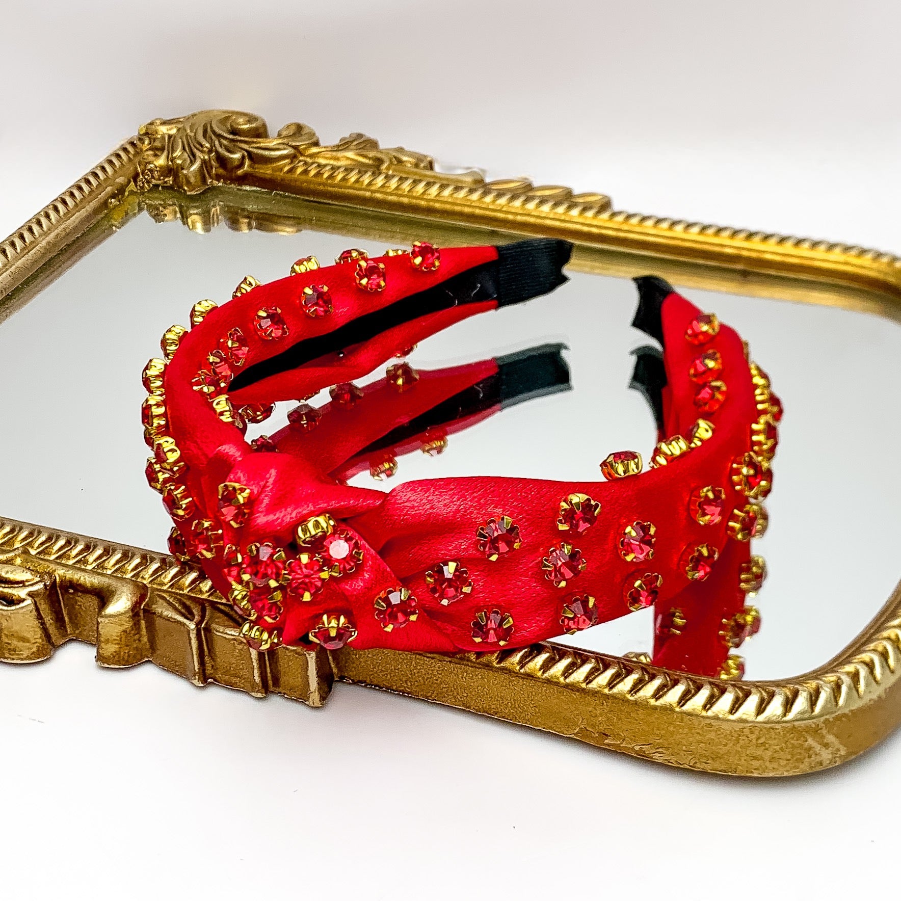Crystal Detailed Satin Knot Headband in Red - Giddy Up Glamour Boutique