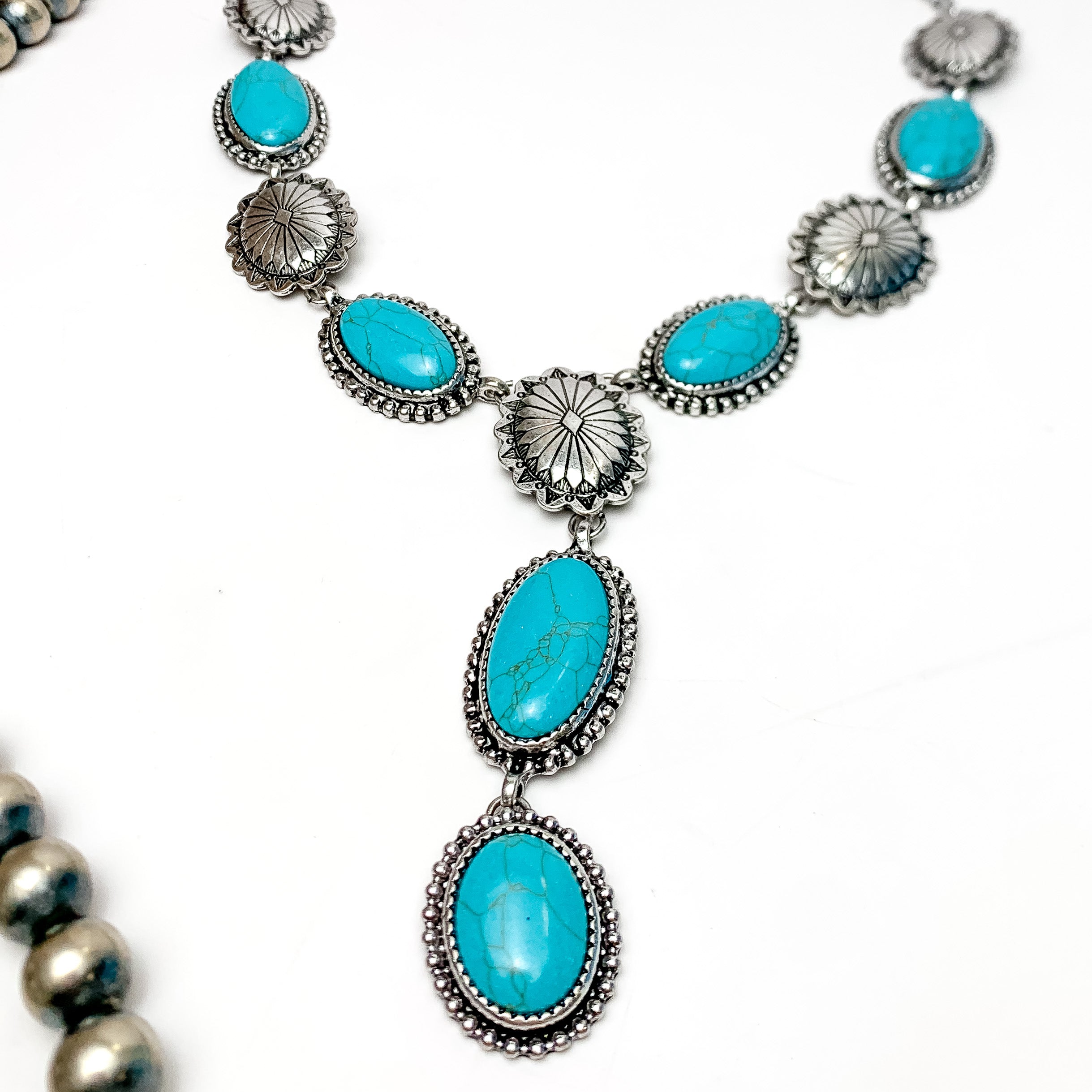 Western Oval Turquoise and Silver Tone Y Necklace - Giddy Up Glamour Boutique