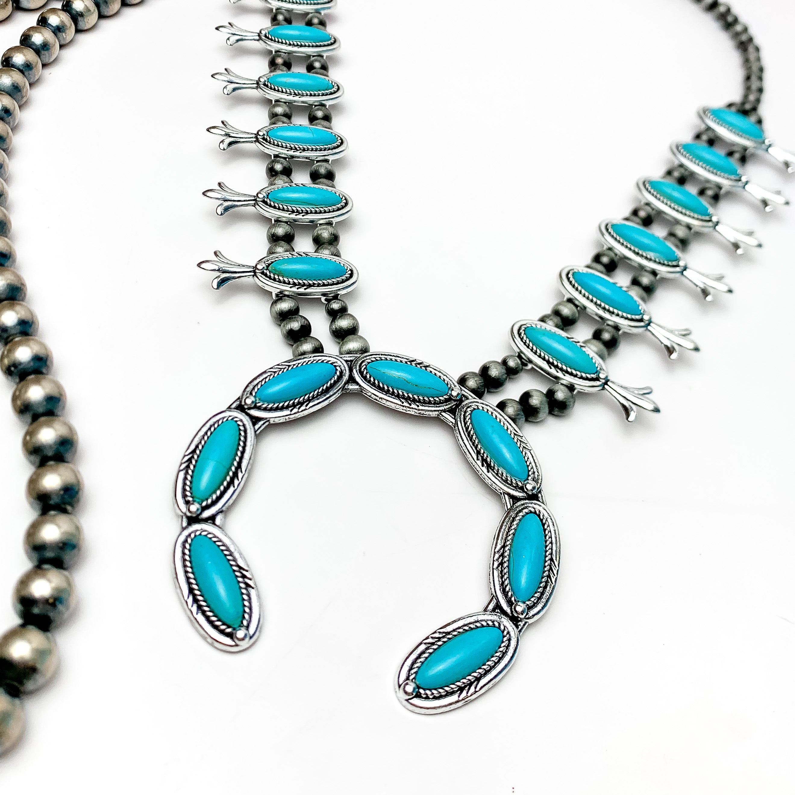 Silver Tone Pearl Squash Blossom Necklace With Stones in Turquoise - Giddy Up Glamour Boutique