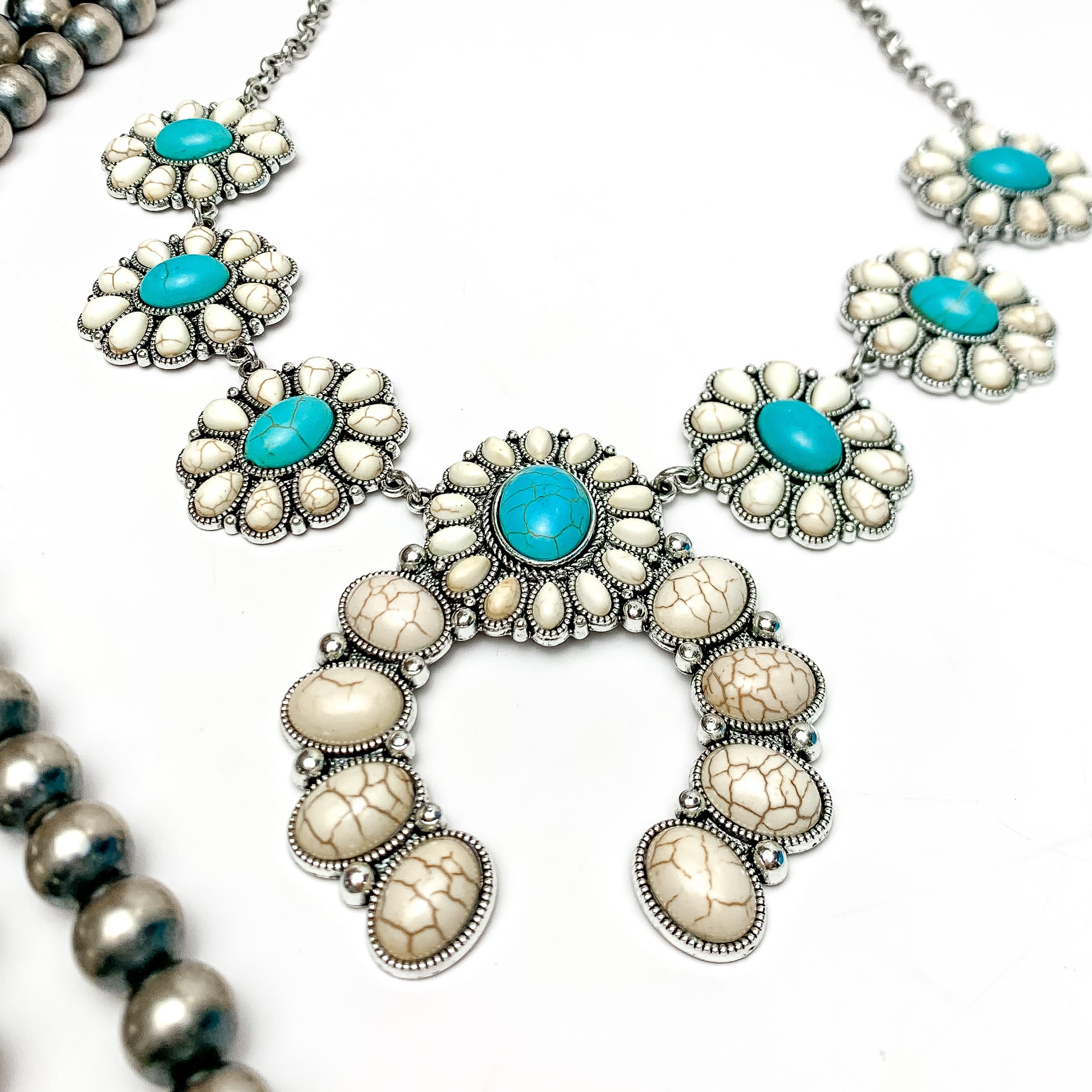 The Western Way Squash Blossom Necklace in Turquoise Blue and Ivory - Giddy Up Glamour Boutique
