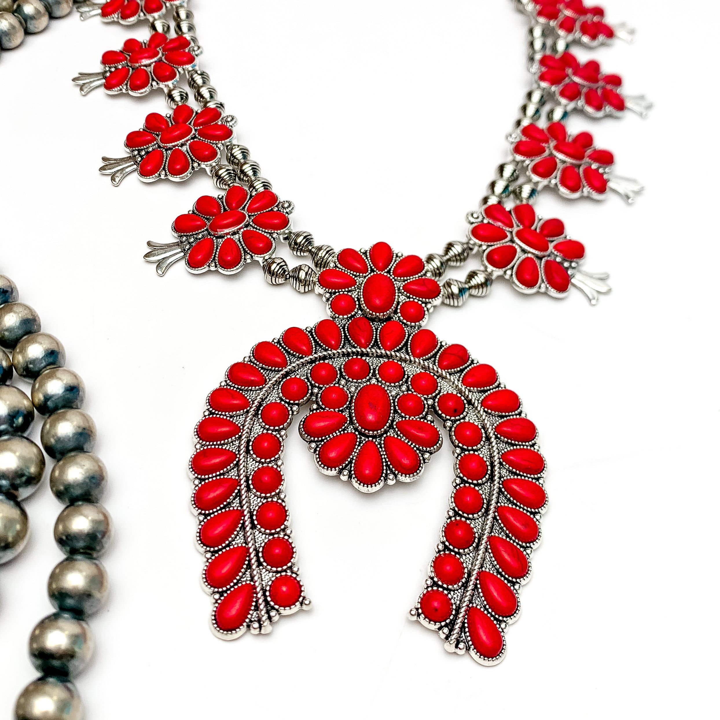 Western Women Squash Blossom Necklace in Red - Giddy Up Glamour Boutique