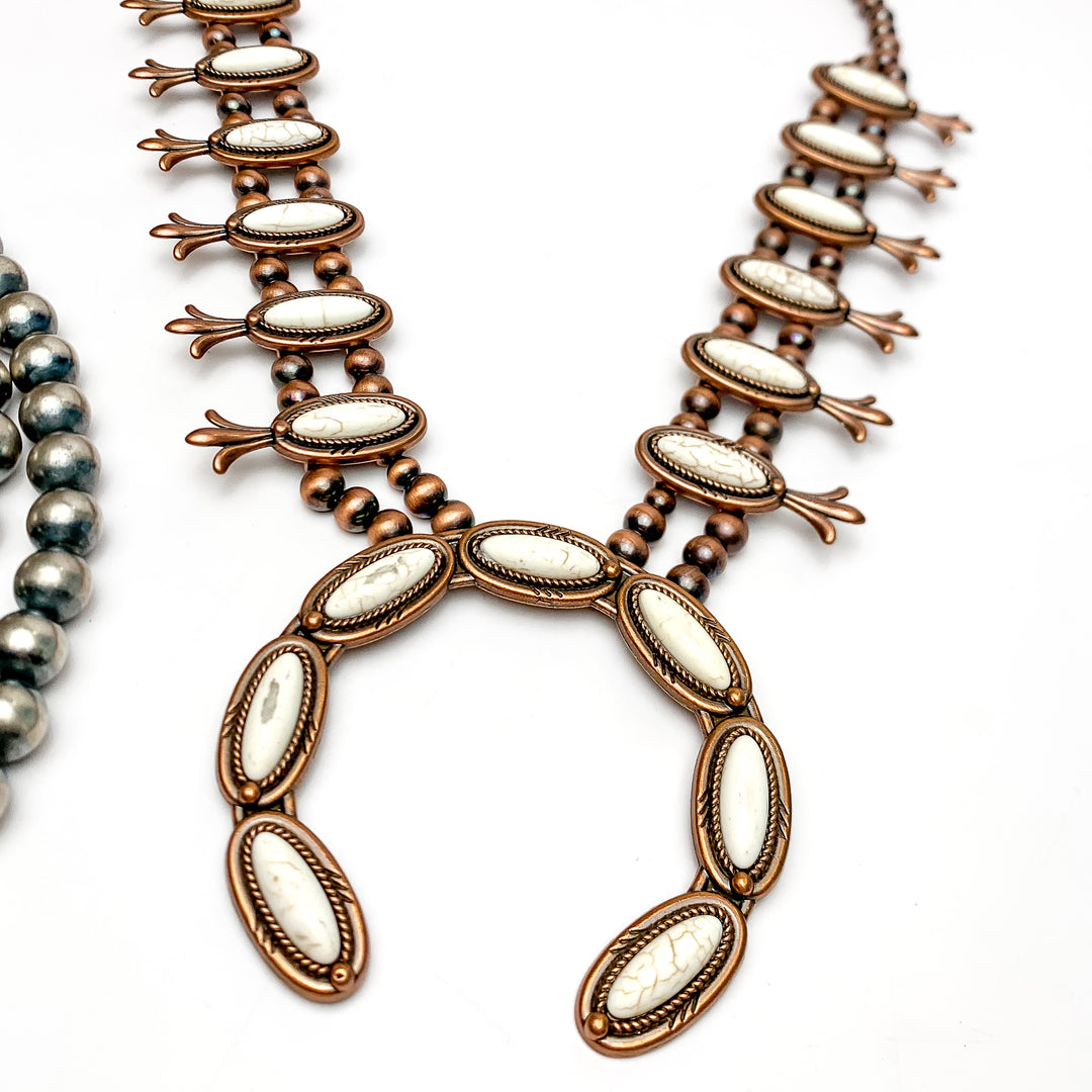 Copper Tone Pearl Squash Blossom Necklace With Stones in Ivory - Giddy Up Glamour Boutique