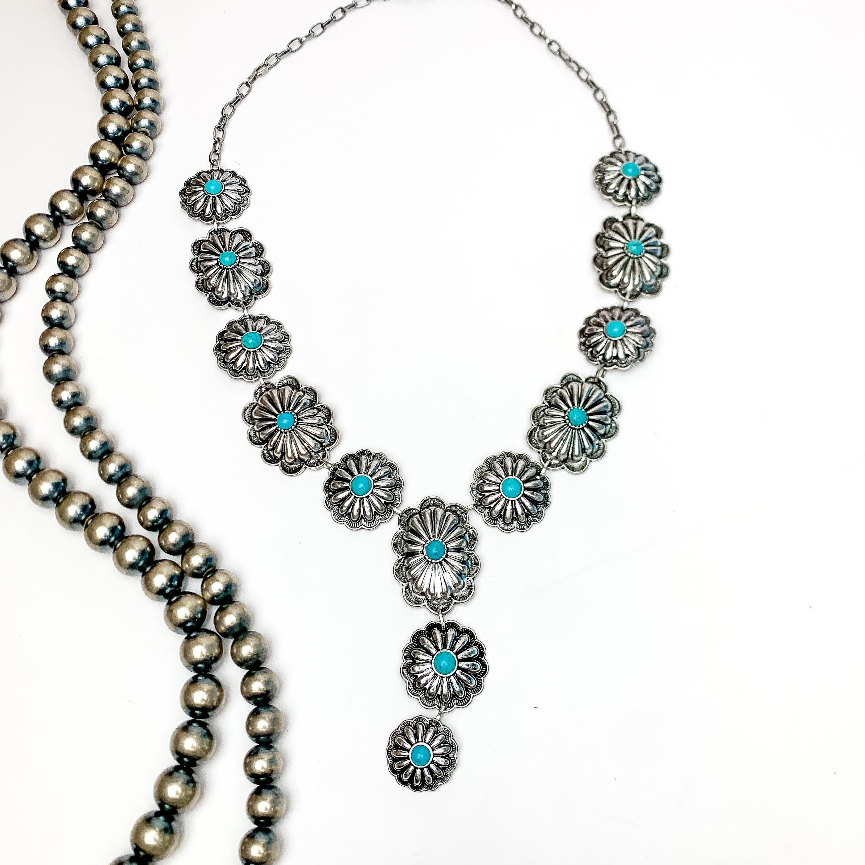 Western Silver Tone Y Necklace With Turquoise Stones - Giddy Up Glamour Boutique