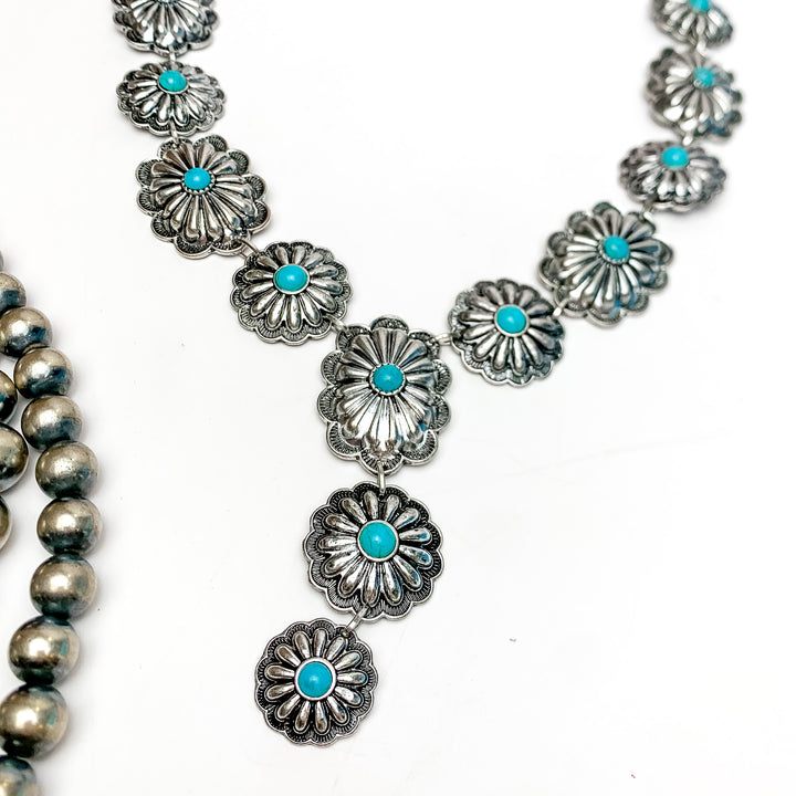 Western Silver Tone Y Necklace With Turquoise Stones - Giddy Up Glamour Boutique