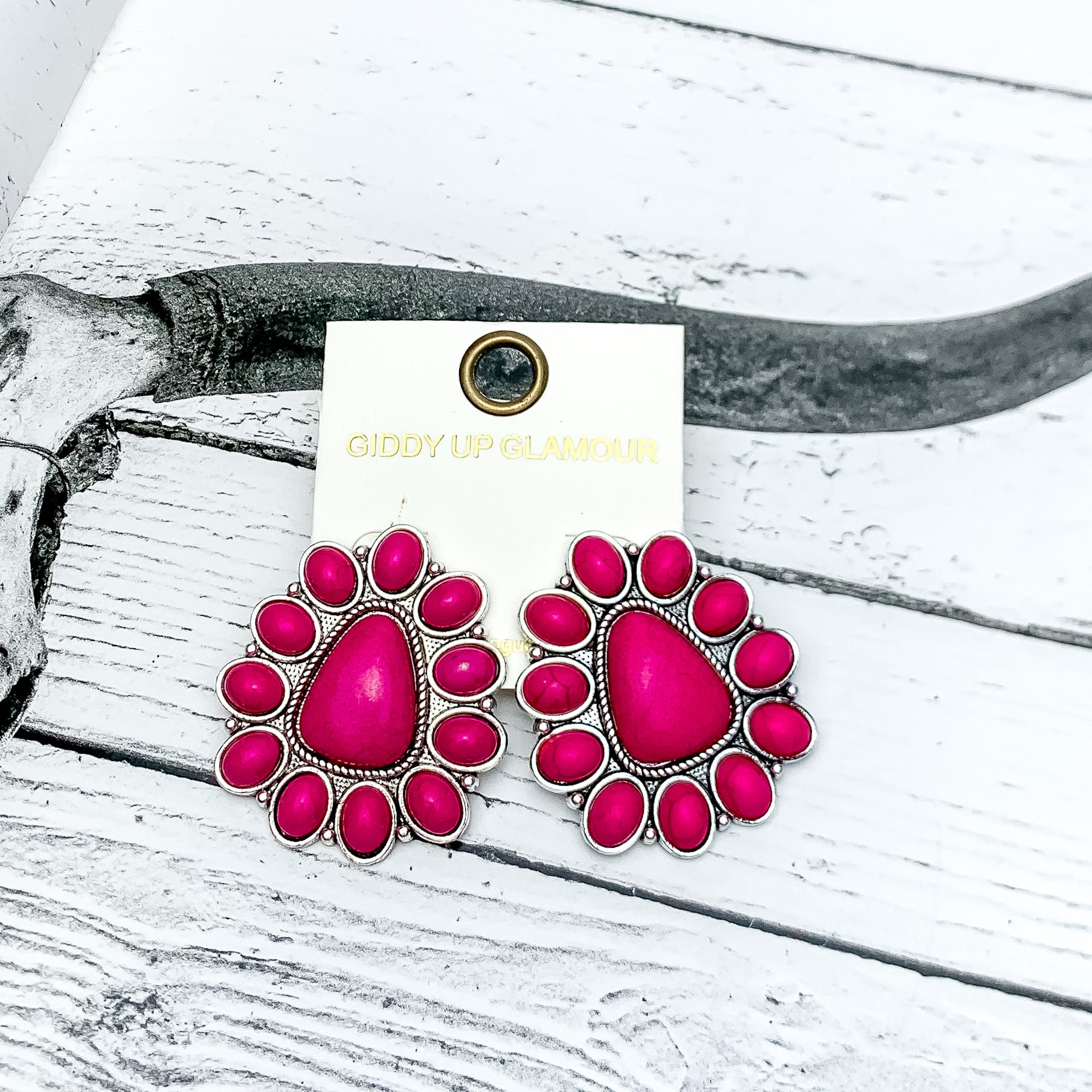 Triangular Cluster Earrings in Hot Pink. The earrings aresilver metal and the stones surround one big stone in the middle. Pictured on a western background.