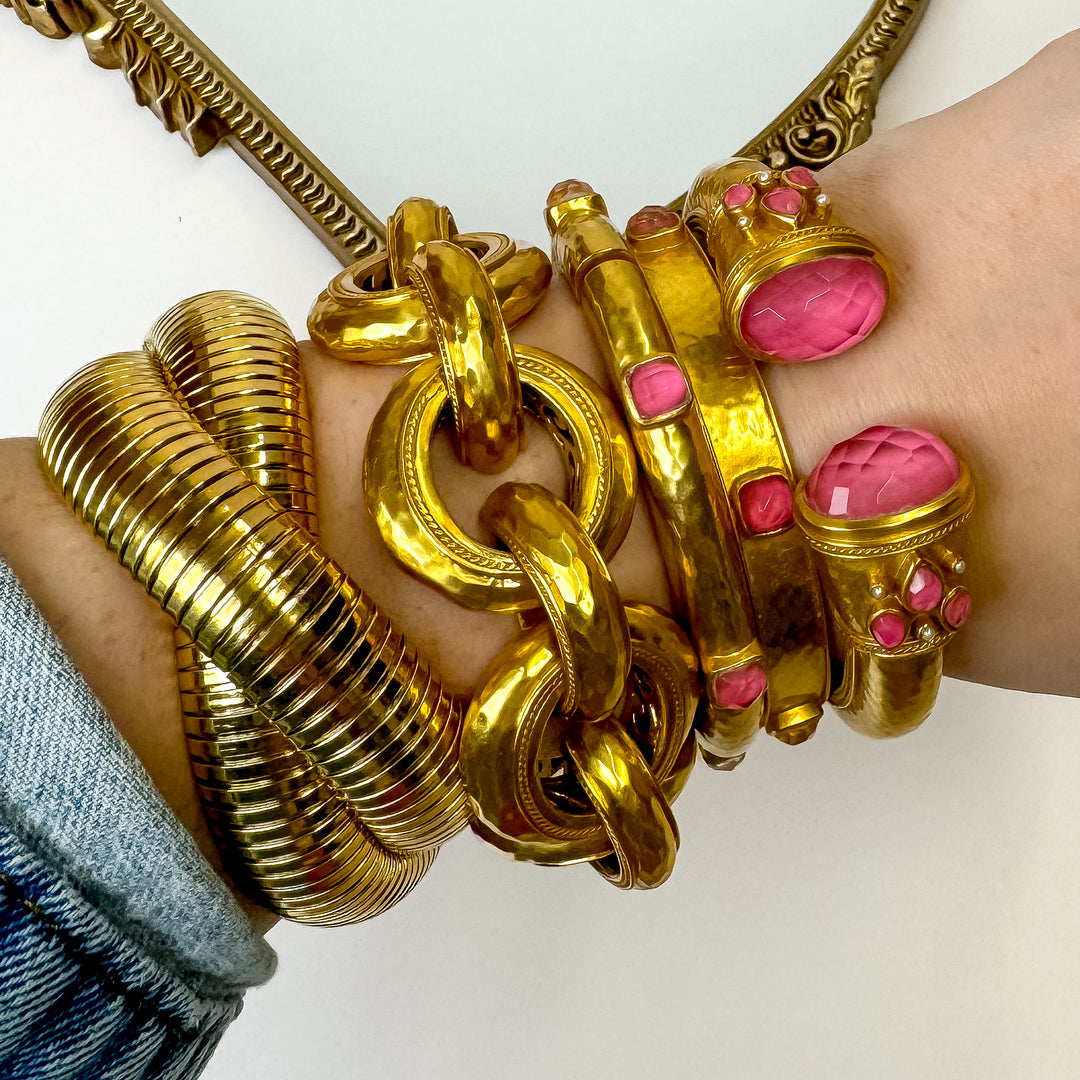Julie Vos | Catalina Hinge Bangle with Peony Pink Crystals in Gold - Giddy Up Glamour Boutique