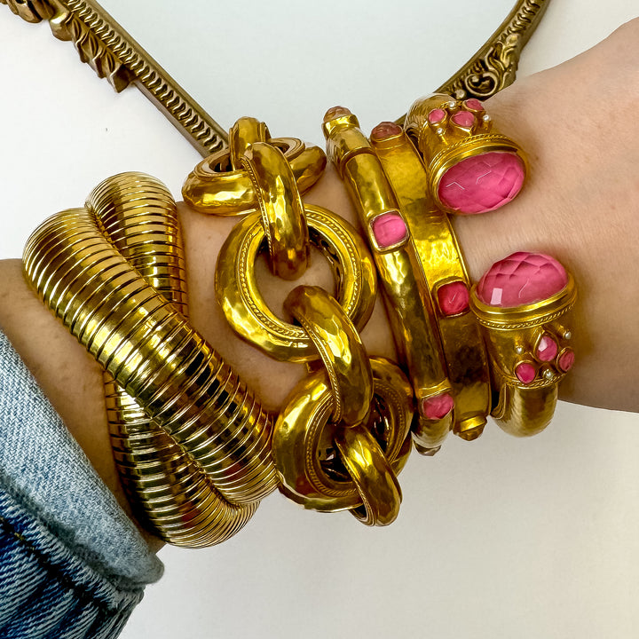 Julie Vos | Catalina Hinge Bangle with Peony Pink Crystals in Gold - Giddy Up Glamour Boutique