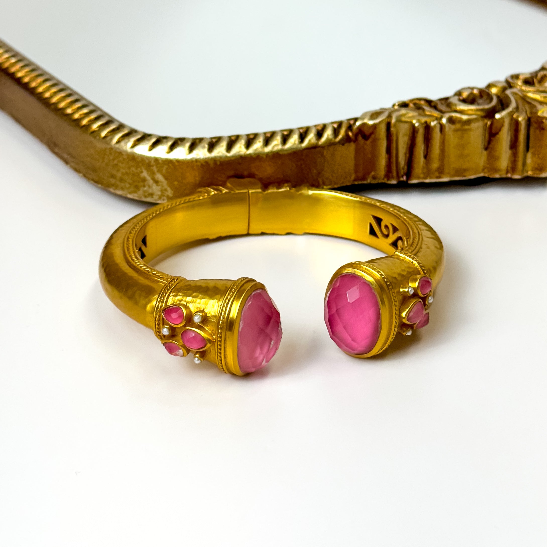 Julie Vos | Cannes Cuff Bracelet with Iridescent Peony Pink Crystals in Gold - Giddy Up Glamour Boutique