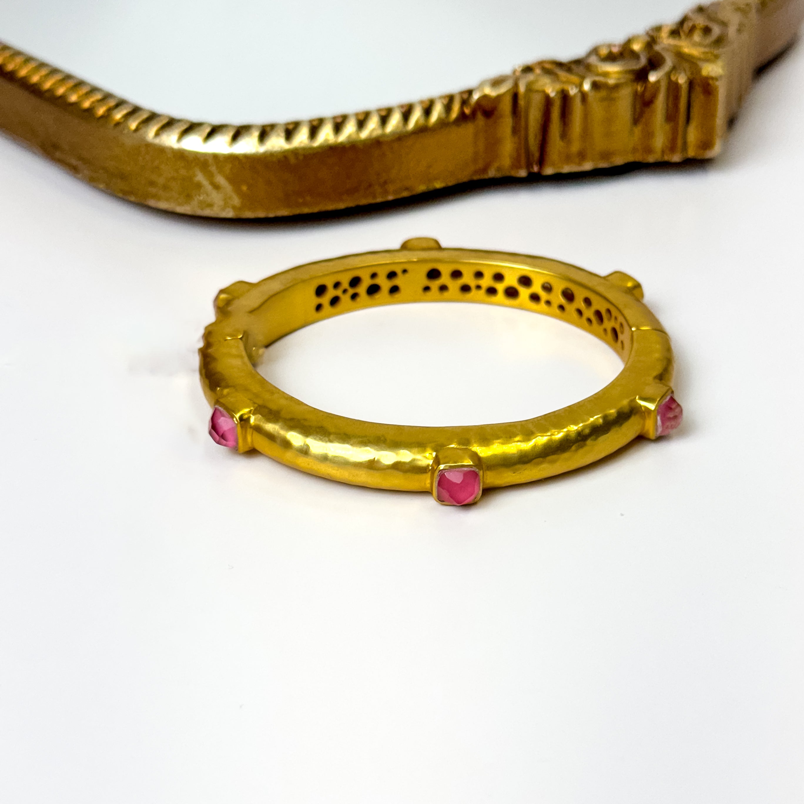 Julie Vos | Catalina Hinge Bangle with Peony Pink Crystals in Gold - Giddy Up Glamour Boutique