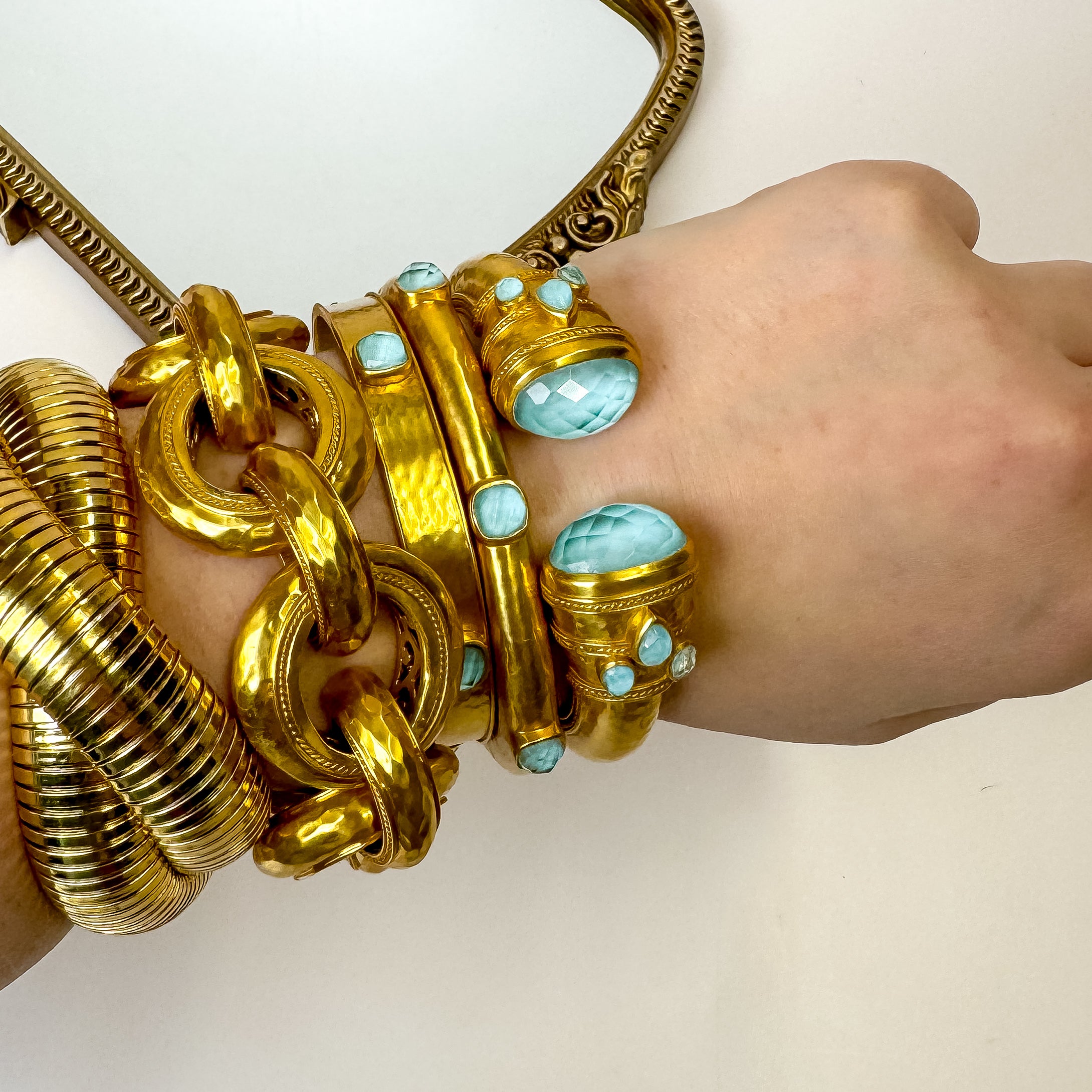 Julie Vos | Catalina Hinge Bangle with Iridescent Capri Blue Crystals in Gold - Giddy Up Glamour Boutique