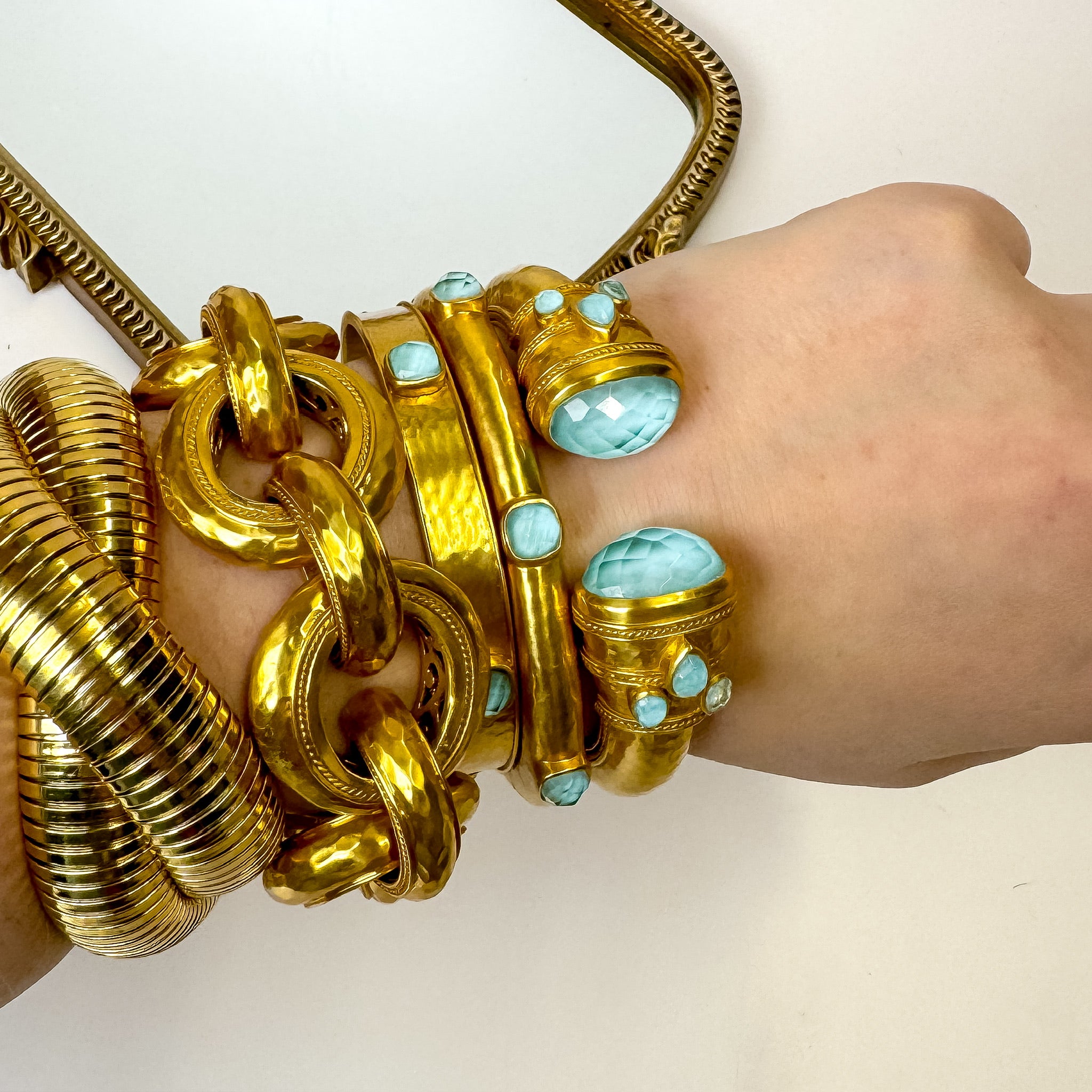 Julie Vos | Cannes Cuff Bracelet with Iridescent Capri Blue Crystals in Gold - Giddy Up Glamour Boutique