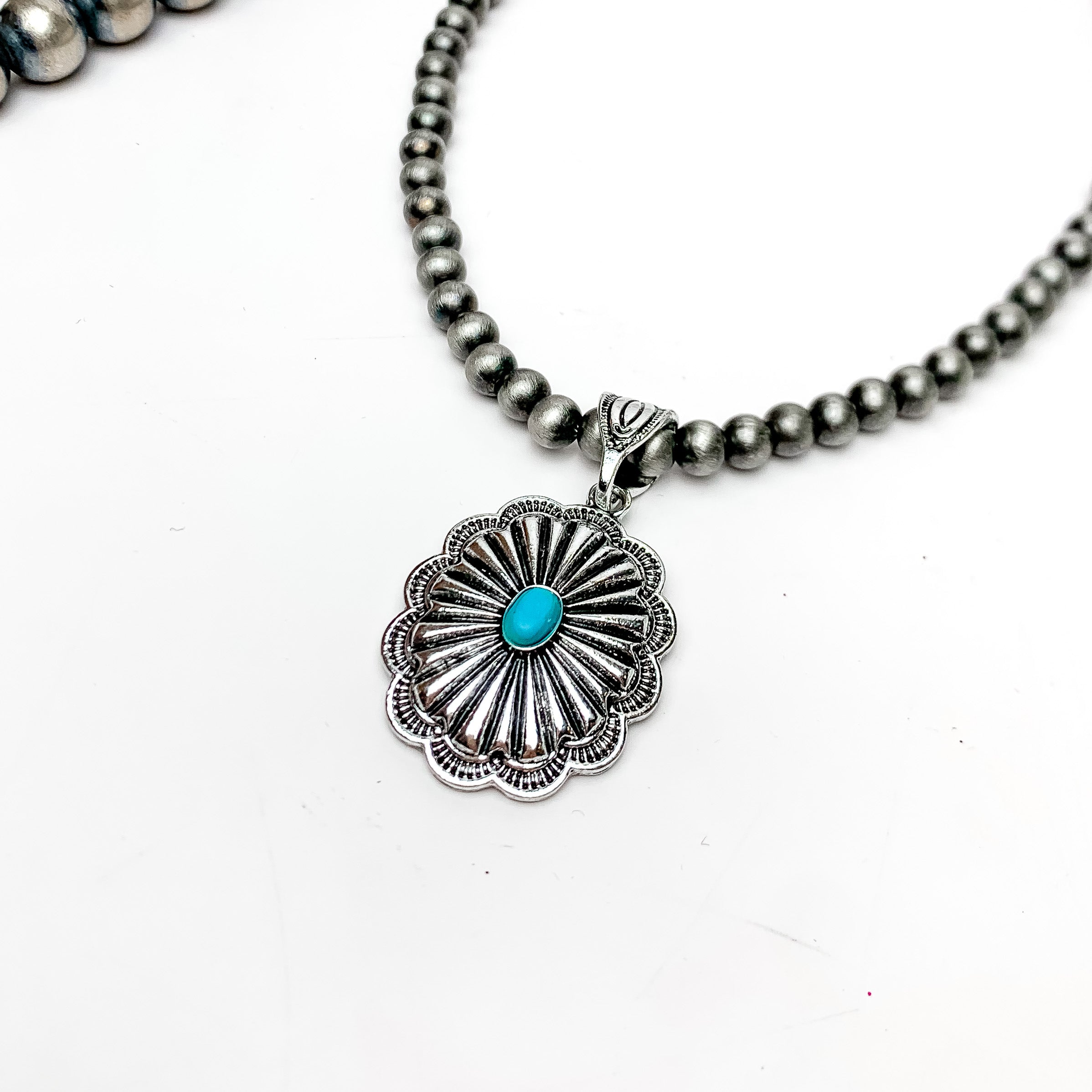 Silver Tone Pearl Necklace Featuring a Pendent With Turquoise Blue Stone - Giddy Up Glamour Boutique