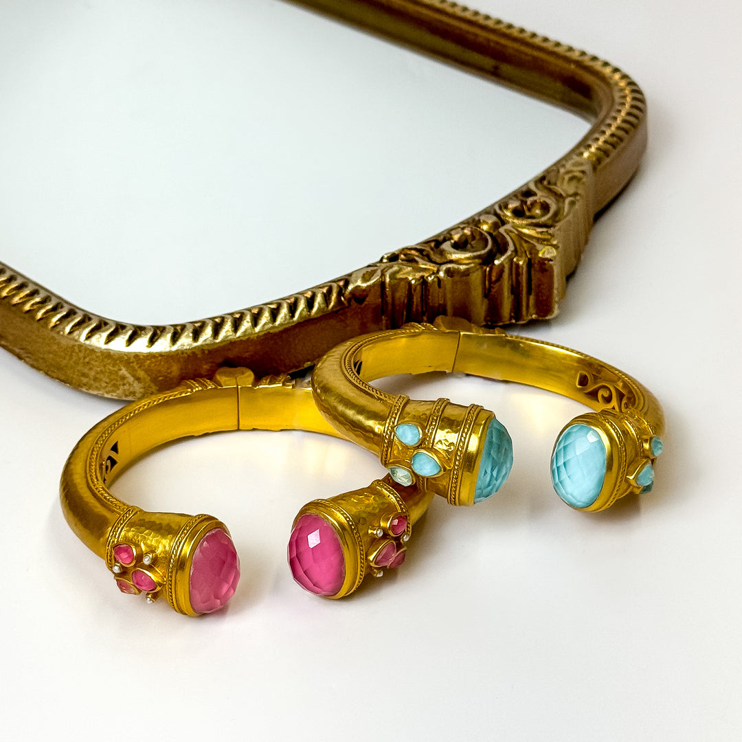 Julie Vos | Cannes Cuff Bracelet with Iridescent Capri Blue Crystals in Gold - Giddy Up Glamour Boutique