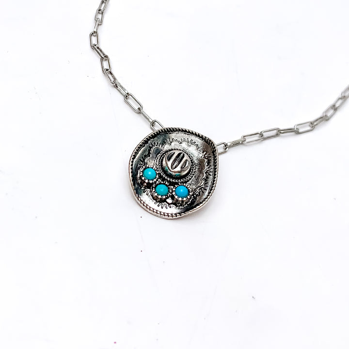 Cowgirl Chain Silver Tone Necklace With Cowboy Hat Pendent - Giddy Up Glamour Boutique