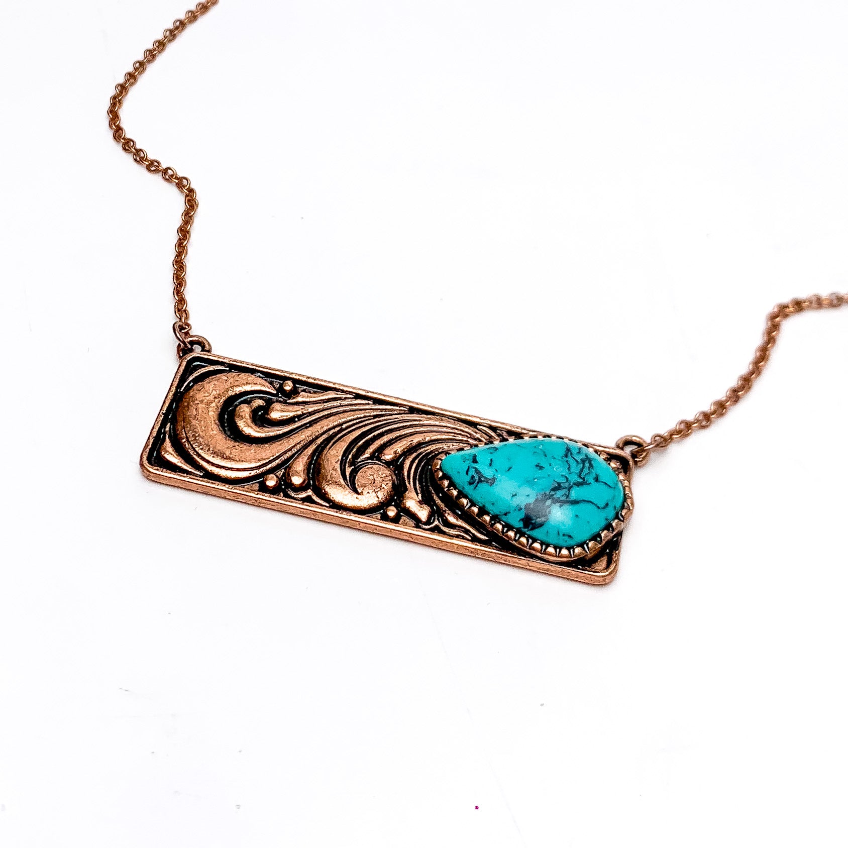 Western Swirl Copper Tone Necklace With Bar Pendent and Turquoise Blue Stone - Giddy Up Glamour Boutique