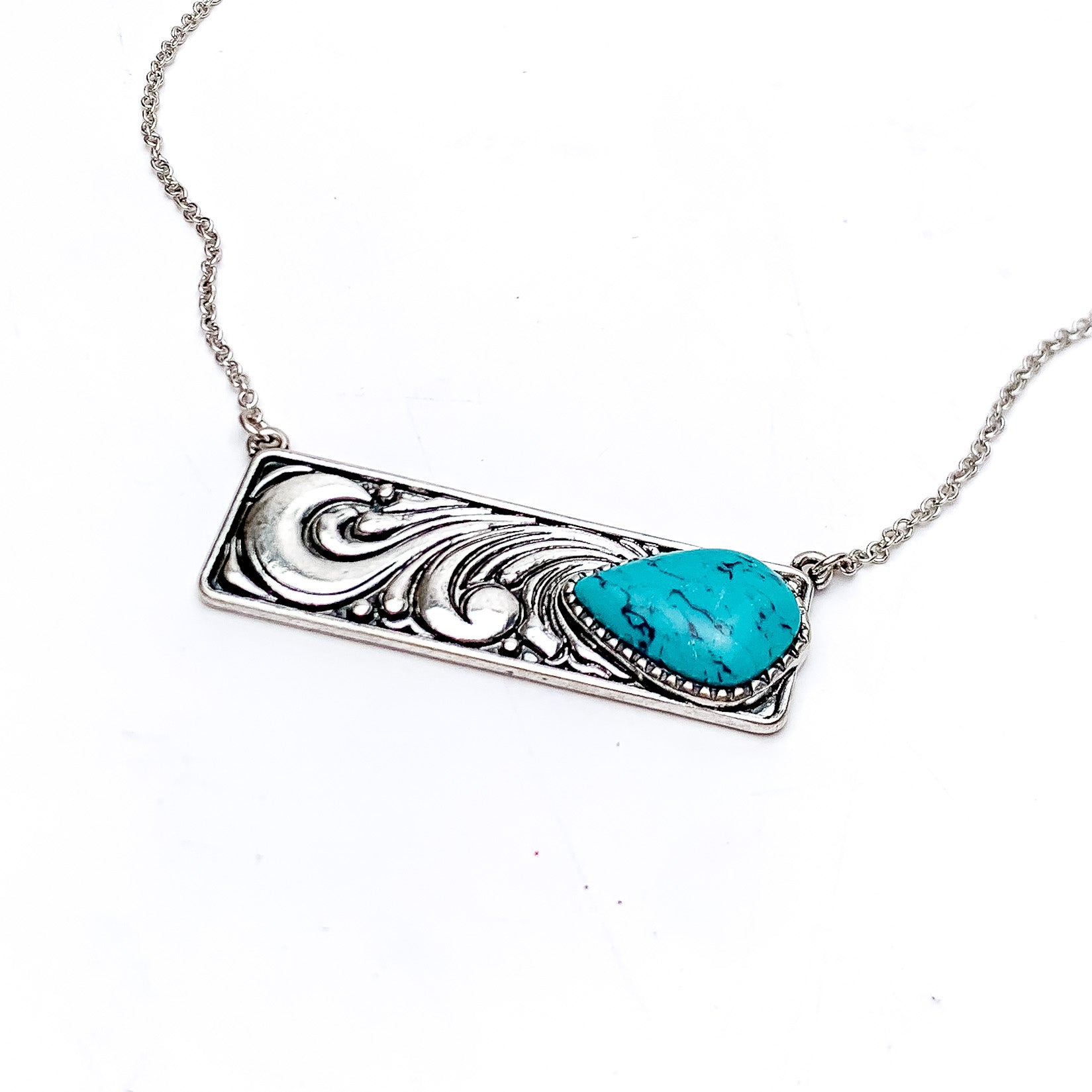 Western Swirl Silver Tone Necklace With Bar Pendent and Turquoise Stone - Giddy Up Glamour Boutique