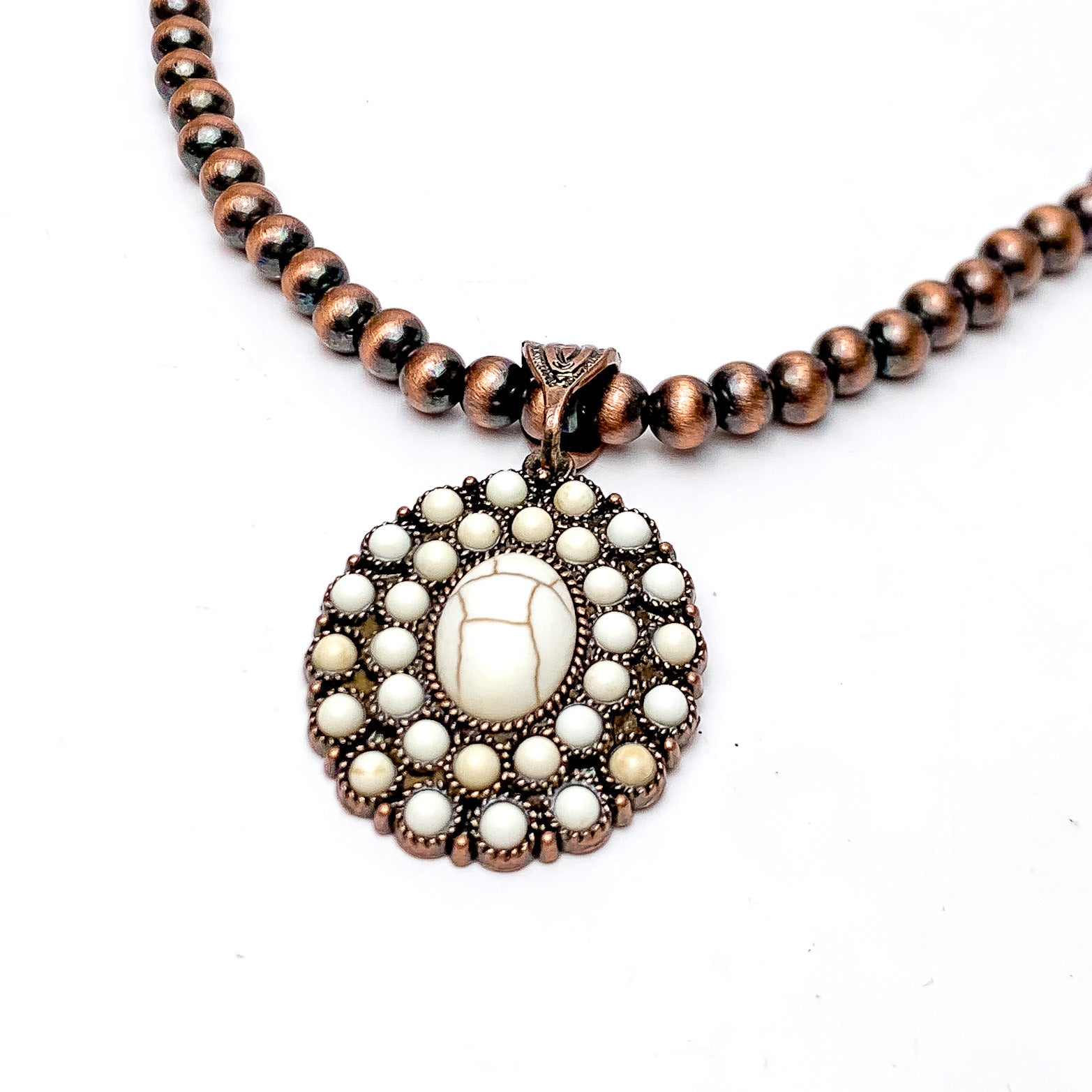 Copper Tone Pearl Necklace With Stone Cluster Pendent in Ivory - Giddy Up Glamour Boutique