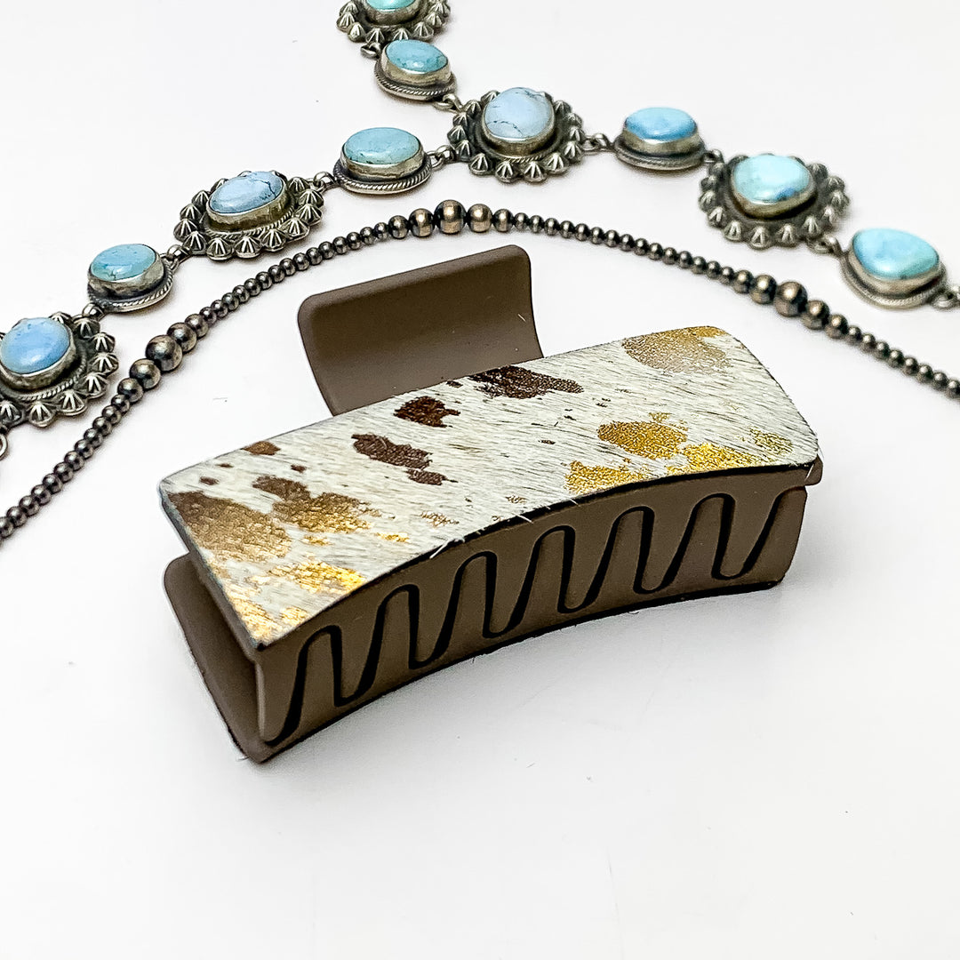 Brown Rectangle Claw Clip with Brown and Gold Acid Wash Cowhide - Giddy Up Glamour Boutique