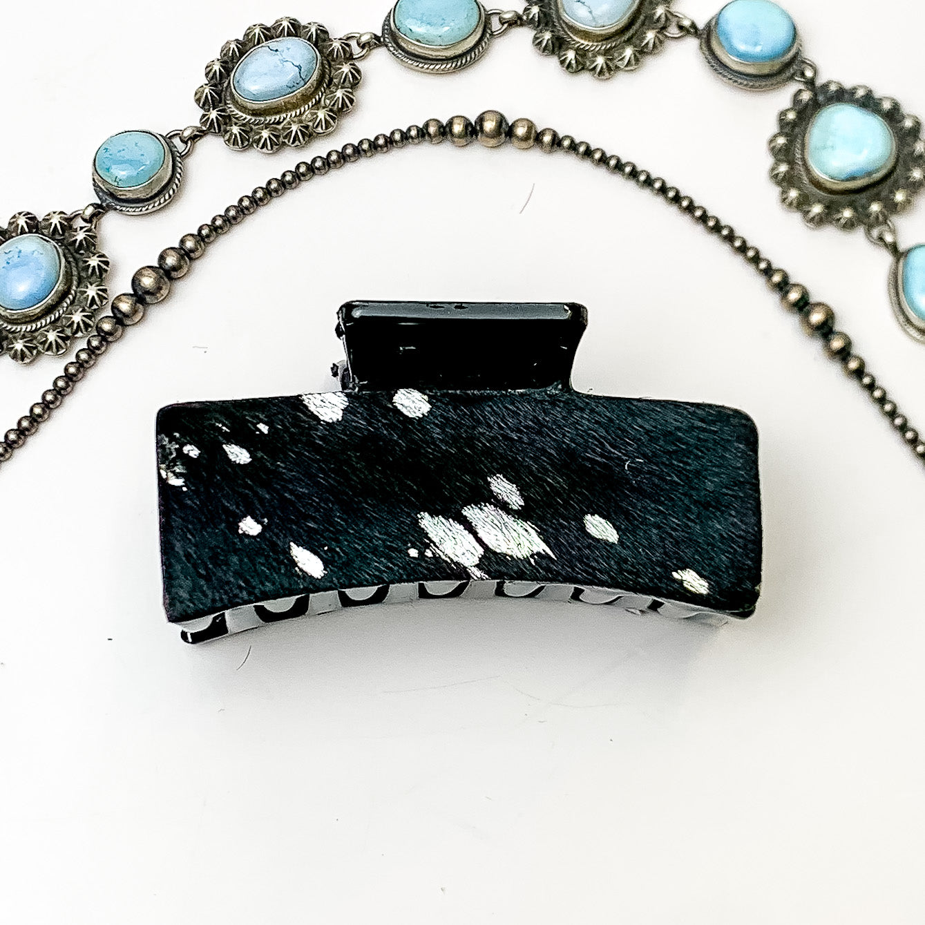 Black Rectangle Claw Clip with Black and Silver Acid Wash Cowhide - Giddy Up Glamour Boutique
