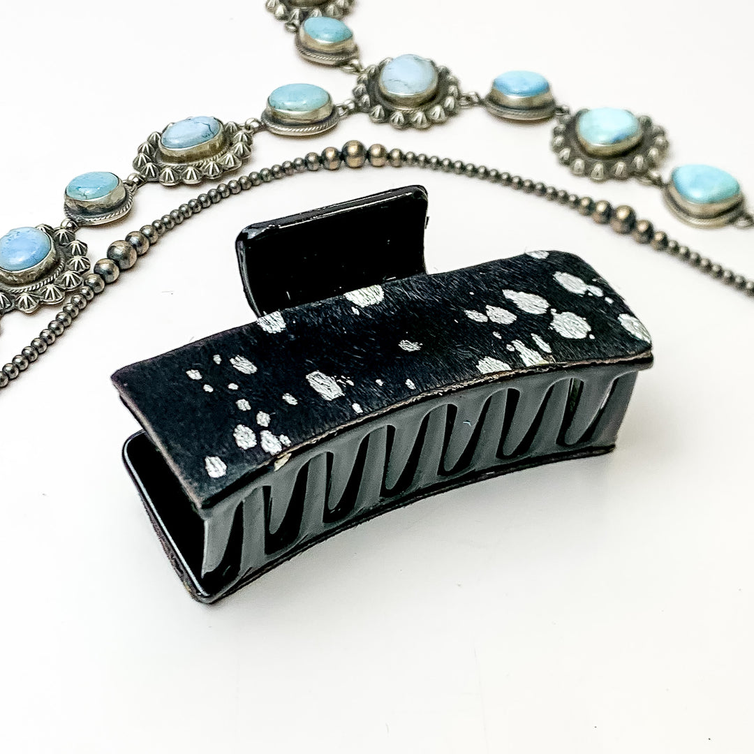 Black Rectangle Claw Clip with Black and Silver Acid Wash Cowhide - Giddy Up Glamour Boutique