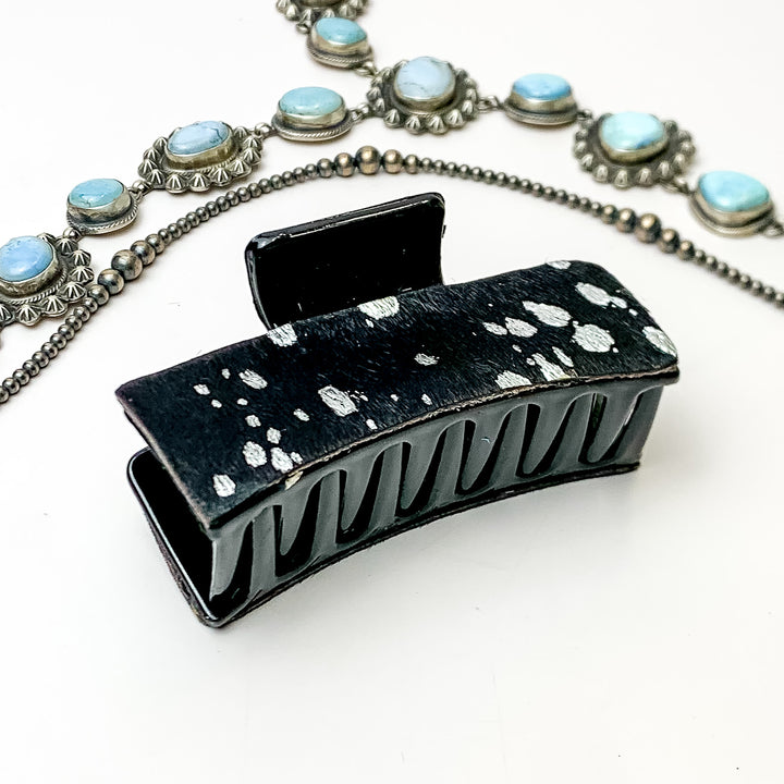 Black Rectangle Claw Clip with Black and Silver Acid Wash Cowhide - Giddy Up Glamour Boutique