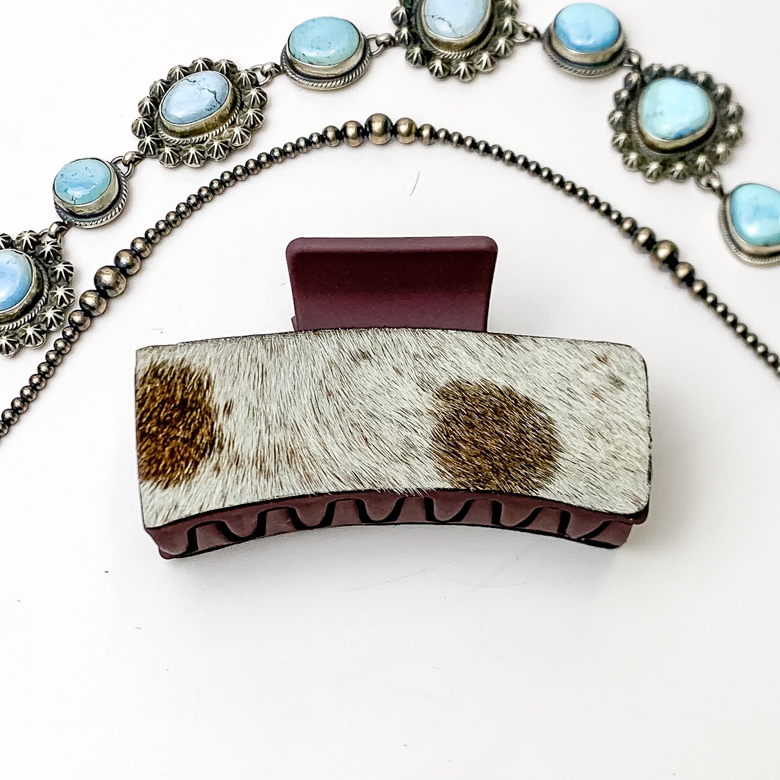 Maroon Rectangle Claw Clip with Ivory and Brown Mix Cowhide - Giddy Up Glamour Boutique